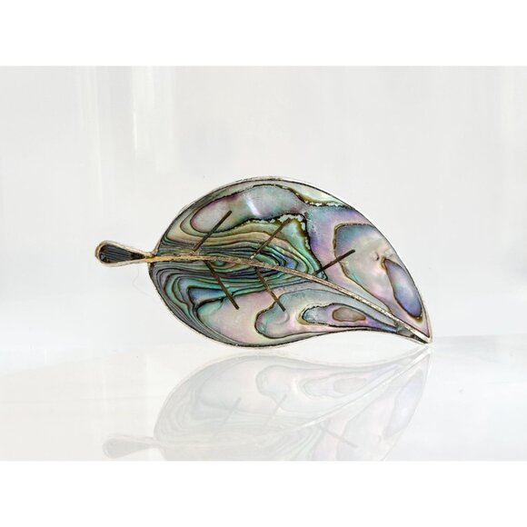 Leaf Shaped Beto of Taxco Abalone Shell Inlay Vintage Sterling Silver Brooch - Picture 6 of 10